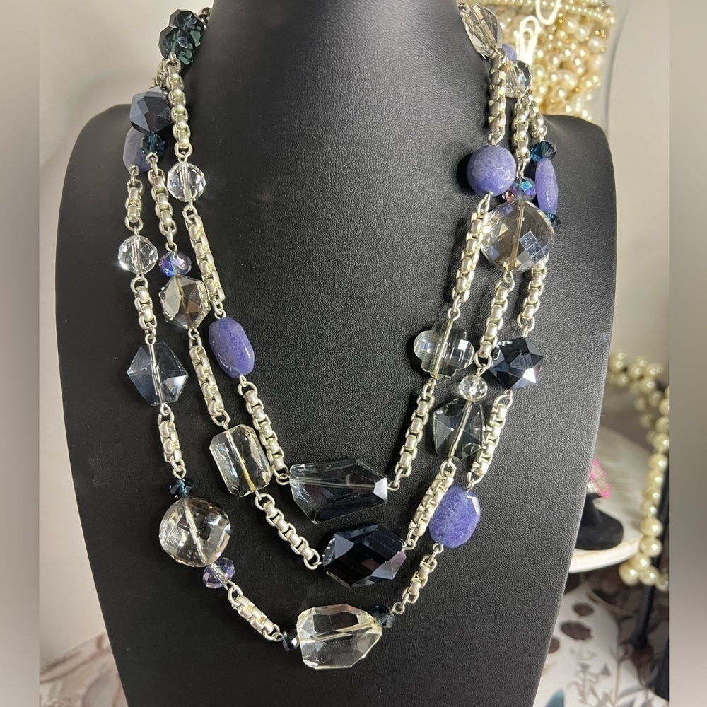 White House Black Market Triple Strand Silver-Tone Stone & Glass Necklace 18” D7